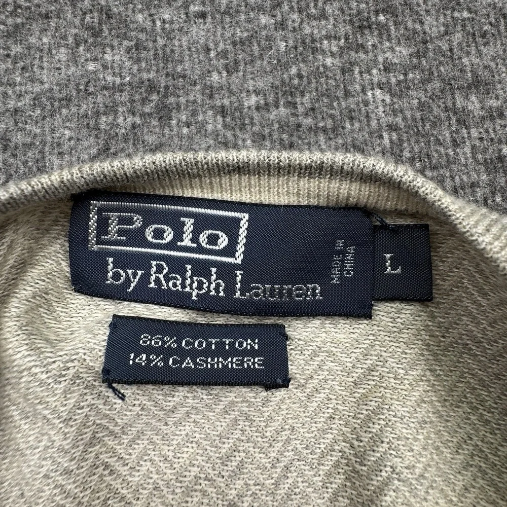 Polo‎ Ralph Lauren Sweater Mens L Beige V Neck Cashmere Blend Herringbone Preppy